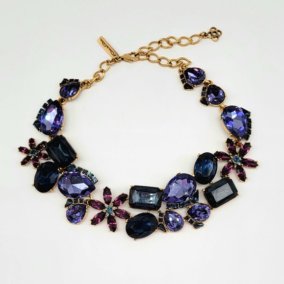 Oscar de la Renta Amethyst, Sapphire Swarovski Crystal Flower Statement Necklace - Picture 1 of 13